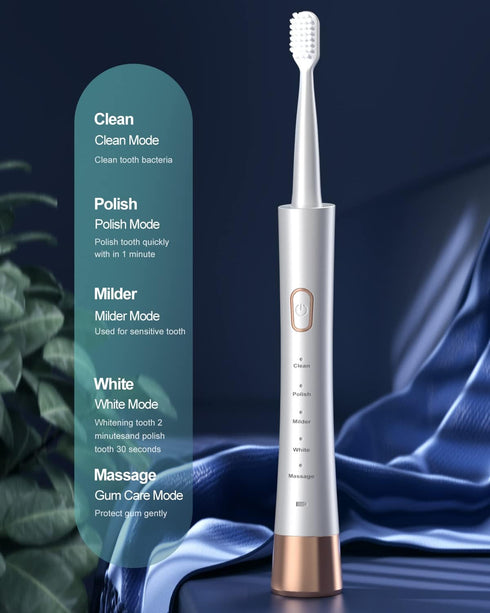 High Vibration Sonic Electric Toothbrush for Adults, 5 Modes, 2 Minutes Smart Timer, 8 Replacement Brush Heads, Ultra