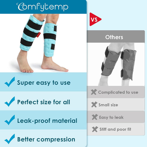Comfytemp Calf Shin Splint Ice Packs, Reusable Gel 2 Pack, Hot Cold Therapy Compression Sleeve for Swelling, Elbow, Knee
