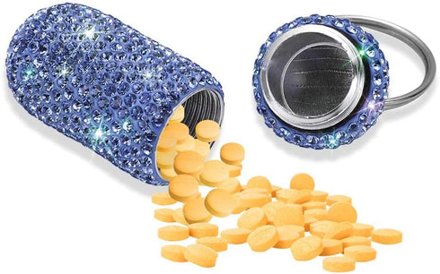 Portable Pill Case, Waterproof Pill Holder with Keychain, Bling Pill Box for Travel, Sky Blue