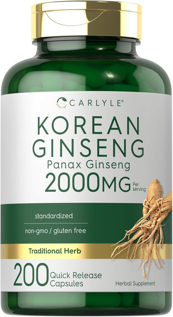 Carlyle Korean Ginseng Extract Capsules, 2000 mg, 200 Capsules, Non-GMO, Gluten Free Panax Ginseng Supplement
