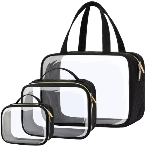 PACKISM Clear Toiletry Bags - 3 Pack Waterproof Clear Makeup Bags with Handle, Large Opening Travel Accessories, Black