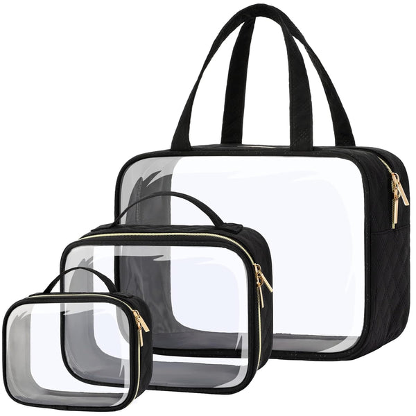 PACKISM Clear Toiletry Bags - 3 Pack Waterproof Clear Makeup Bags with Handle, Large Opening Travel Accessories, Black