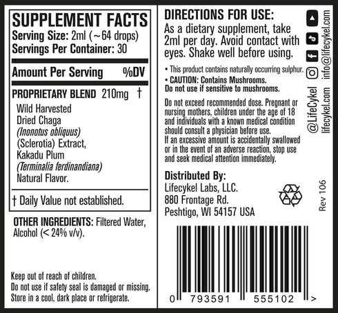 LIFE CYKEL Chaga Mushroom Extract with Kakadu Plum - 100% Organic Immune Support Supplement, 2 Fl oz