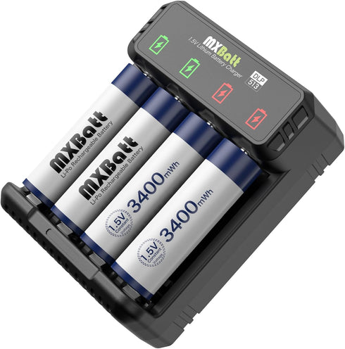 Rechargeable AA Batteries 1.5V 3400mWh High Capacity, 4 Packs with 2H Fast Smart Charger, 1500 Cycles