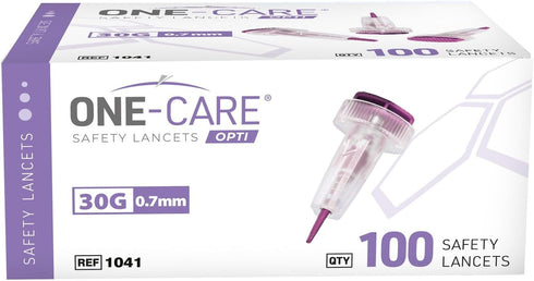 MediVena ONE-CARE Safety Lancets, 30G x 1.5mm, Gentle Pre-Loaded Finger Self Prick Device for Diabetes Testing, 100/Box