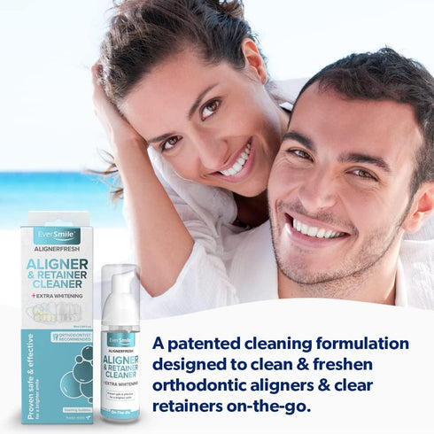 EverSmile AlignerFresh Extra Whitening Aligner & Retainer Cleaning Foam. AlignerFresh Cleaning Foam for Invisalign, ClearCorrect, Essix, Hawley Trays/Aligners. Cleans, Kills Bacteria & Whitens Teeth.