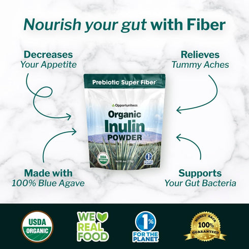 Opportuniteas Organic Inulin Powder - Prebiotic Fiber from Blue Agave for Digestion, Regularity & Gut Health - 6 oz