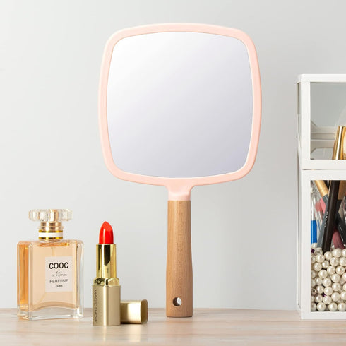 YEAKE Hand Held Mirror with Handle, Small Cute Wood Mirror for Shaving, Portable Travel Vanity (Square, Pink, 1Pack)