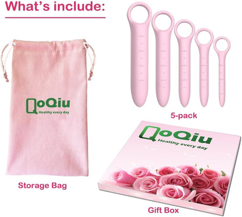 QoQiu 5-Pack Silicone Dilators for Pelvic Floor for Women with Fine Scales, Pink with Storage Bag, Pelvic Wand
