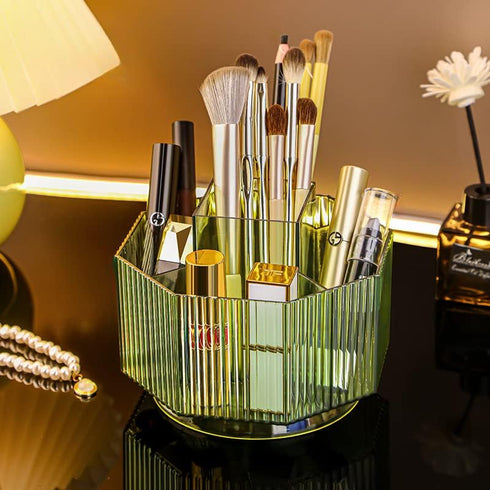 Makeup Brush Holder, 360° Rotating Organizer with 5 Slots for Vanity, Multi-Functional Pen Holder