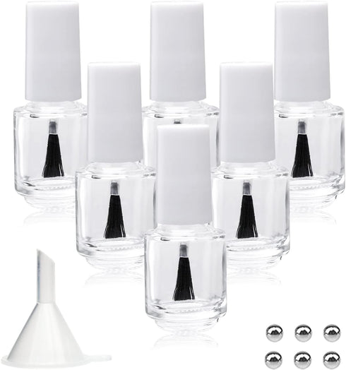 6PCS Empty Nail Polish Bottles with Brush, White Cap, 5ML Clear Glass Refillable Bottles with Mixing Beads & Funnels