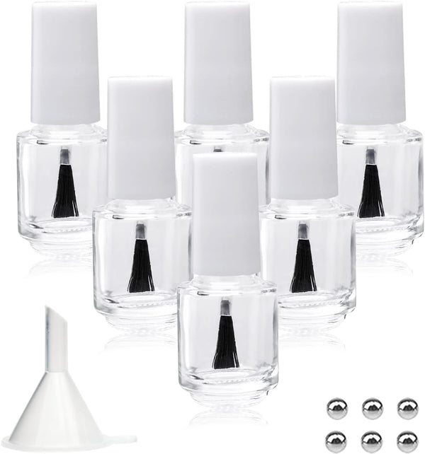 6PCS Empty Nail Polish Bottles with Brush, White Cap, 5ML Clear Glass Refillable Bottles with Mixing Beads & Funnels