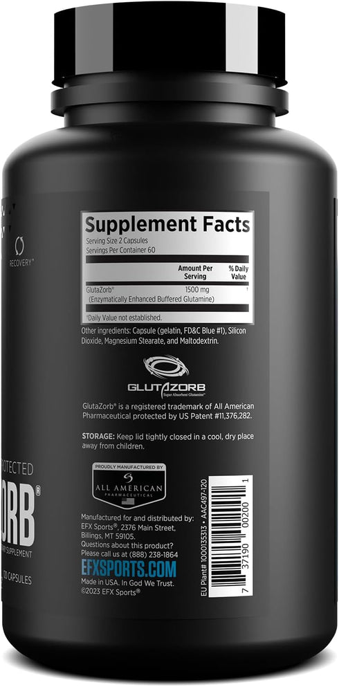 EFX Sports Training Ground Glutazorb Caps - pH Correct Glutamine Pill Supplement - 60 Servings, 120 Capsules