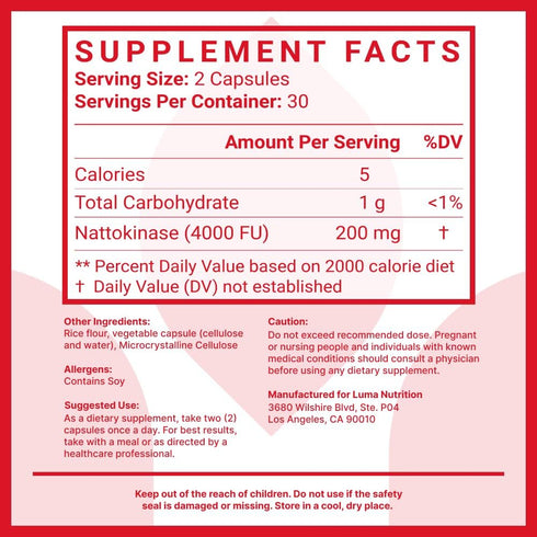 Luma Nutrition Nattokinase Supplement, 60 Capsules - Heart Health Support with 4000 FU Per Serving