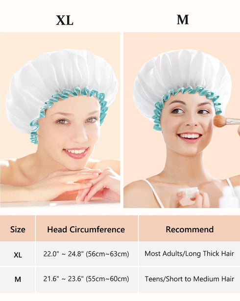 mikimini White Shower Cap for Women and Girls 2 Pack, Double Waterproof, Reusable, Washable, Soft and Comfortable