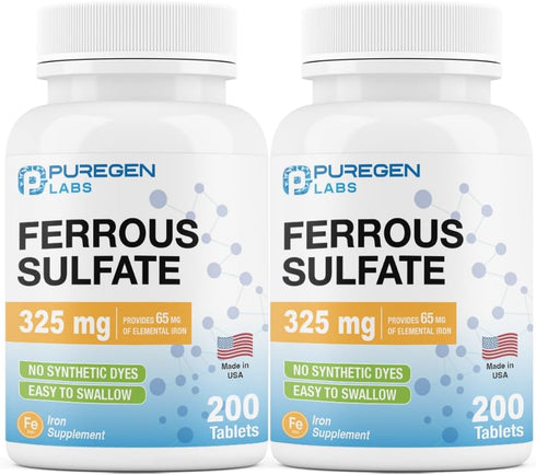 Puregen Labs Ferrous Sulfate 325 mg (65 mg Elemental Iron) High Potency Iron Supplement | No Artificial Color Additives - Total 400 Tablets Made in USA