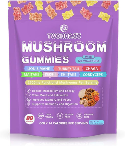 TWOHHACC Mushroom Supplement Gummies with Ashwagandha and Lions Mane, Maitake, Turkey Tail, Reishi,