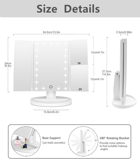 Tri-fold Lighted Vanity Makeup Mirror, 3x/2x/1x Magnification, 21 LEDs, Touch Screen, 180 Degree Rotation