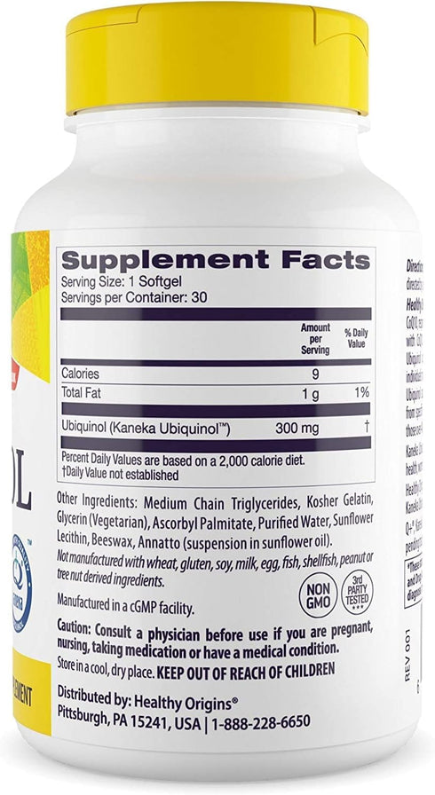 Healthy Origins Ubiquinol 300 mg - Active CoQ10 Form - Kaneka Ubiquinol Supplements for Heart Health, 30 Softgels