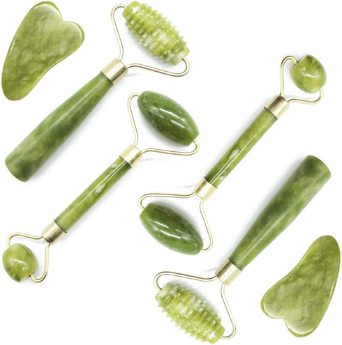 TIHOOD 6PCS Massage Tools Kits, 4 PCS Jade Roller Facial Kits with 2 Scraping Massage Tools for Anti Aging