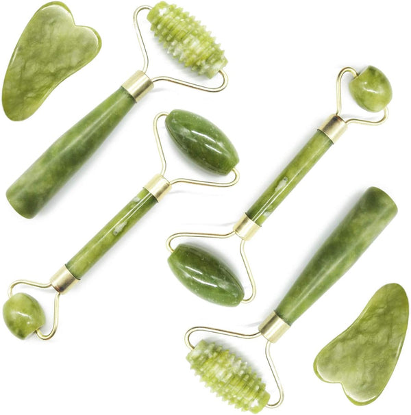 TIHOOD 6PCS Massage Tools Kits, 4 PCS Jade Roller Facial Kits with 2 Scraping Massage Tools for Anti Aging