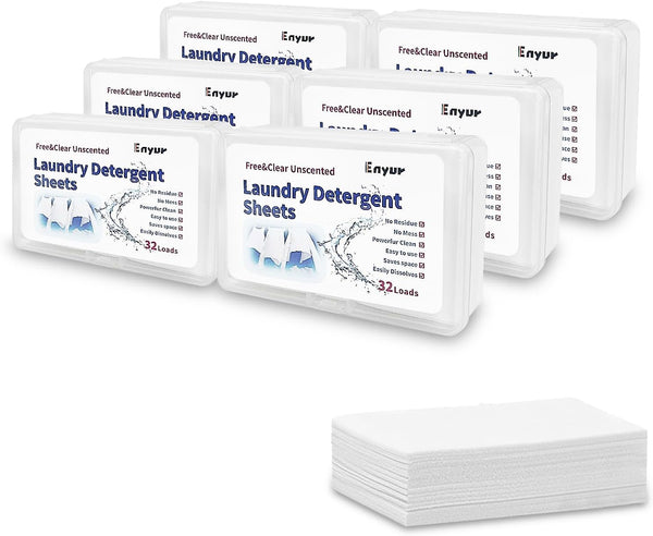 Enyur Laundry Detergent Sheets, Free and Clean for Travel and Home Use - 6 Pack / 192 Loads
