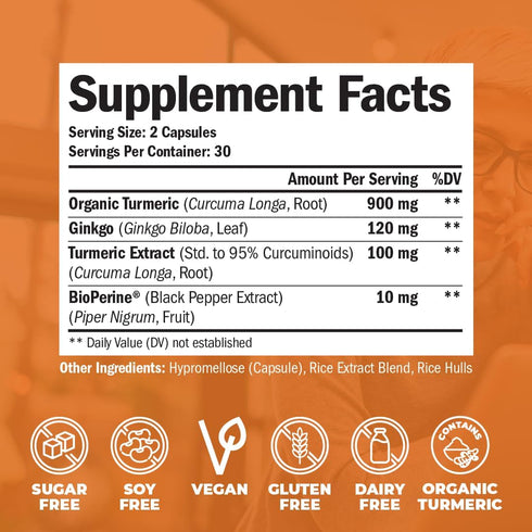Turmeric Curcumin & Ginkgo Biloba Supplements with Bioperine Black Pepper, Vegan Joint Support Supplement, 2 Pack