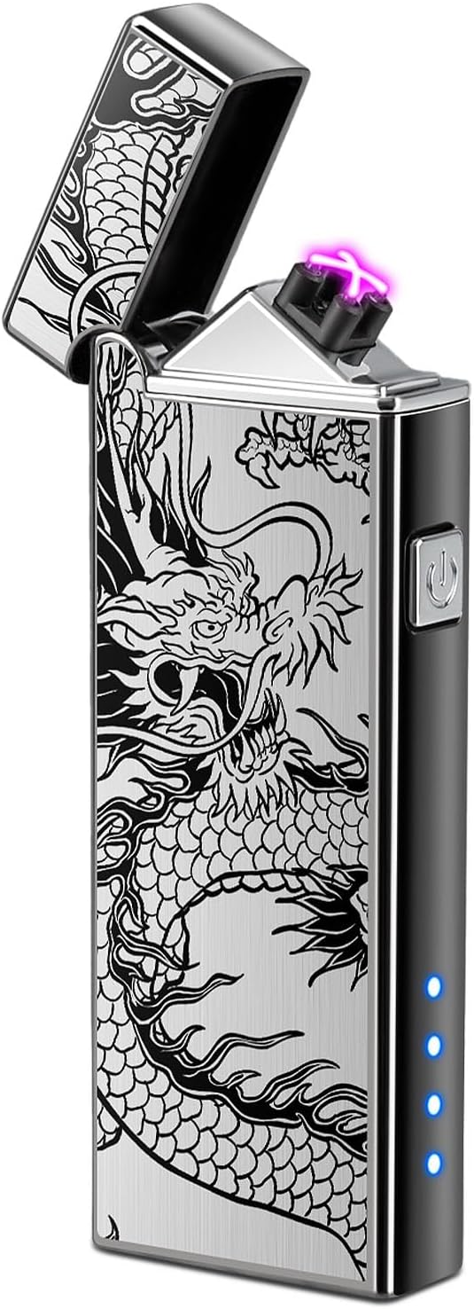 LcFun Electric USB Rechargeable Lighter, Windproof Plasma Dual Arc with LED Battery Indication (Black Dragon)