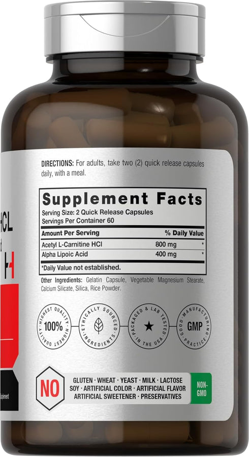 Horbaeach Acetyl L Carnitine HCL & Alpha Lipoic Acid 1200mg | 120 Capsules | ALC ALA Complex | Non-GMO & Gluten Free Supplement