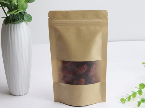 100pcs Kraft Paper Stand Up Pouches, Ziplock Food Storage Bags with Matte Window, Reusable, Heat-Sealable