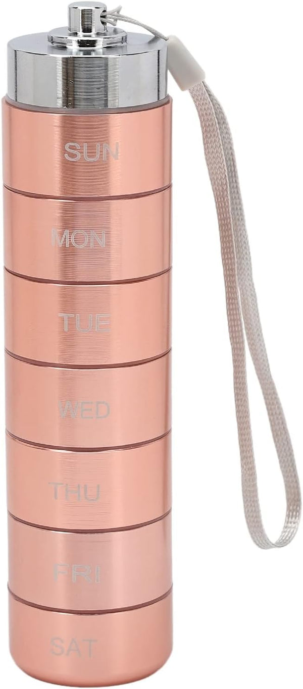 Metal Pill Organizer - Stackable Weekly Travel Medicine Box, Portable Waterproof Aluminum Alloy with Lanyard Rose Gold