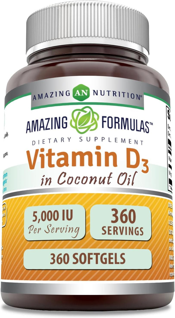 Amazing Formulas Vitamin D3 Supplement, 5000 IU, 360 Softgels, Non-GMO, Gluten-Free, Made in USA
