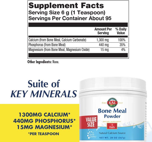 KAL Bone Meal Powder | Sterilized & Edible Supplement Rich in Calcium, Phosphorus, Magnesium | for Bones, Teeth, Nerves, Muscular Function (20oz)