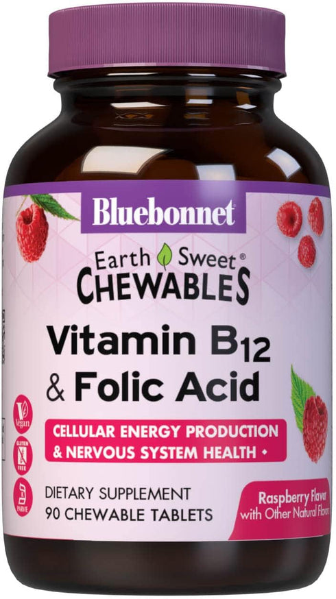 BlueBonnet Nutrition Earth Sweet Vitamin B12 & Folic Acid Chewable Tablets, Raspberry, 90 Count