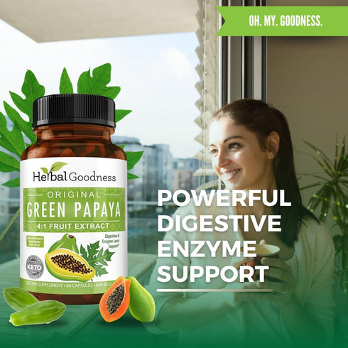 Green Papaya Fruit Extract Capsules, Organic Papaya Enzymes with Prebiotics and Probiotics, 60 Capsules