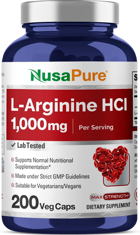 NusaPure L-Arginine - 1000 mg, 200 Veggie Capsules (Non-GMO, Vegetarian, Vegan)
