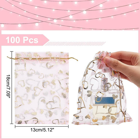 PH PandaHall 5x7 Inches Heart Organza Bags, 100pcs Pink Gift Bags for Jewelry and Wedding Favors