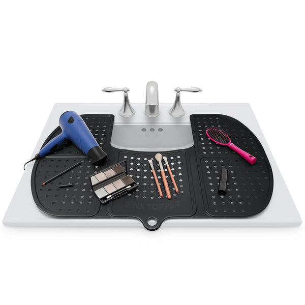 Sink Topper Foldable Sink Cover - Silicone Makeup Brush Cleaning Mat & Hot Tools Organizer - Large, Black