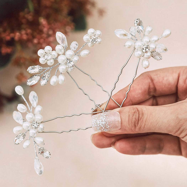 Unicra Silver Bride Wedding Hair Pins, Pearl Bridal Hair Pieces with Rhinestone Prom Hair Clips (Pack of 3)