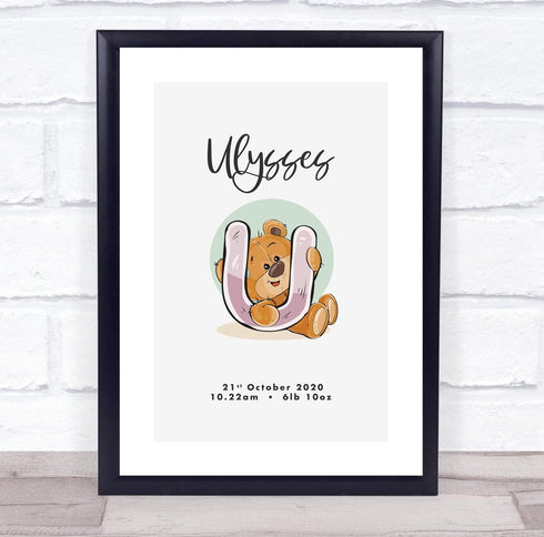 The Card Zoo New Baby Birth Details Christening Nursery Bear Initial U Keepsake Gift Print