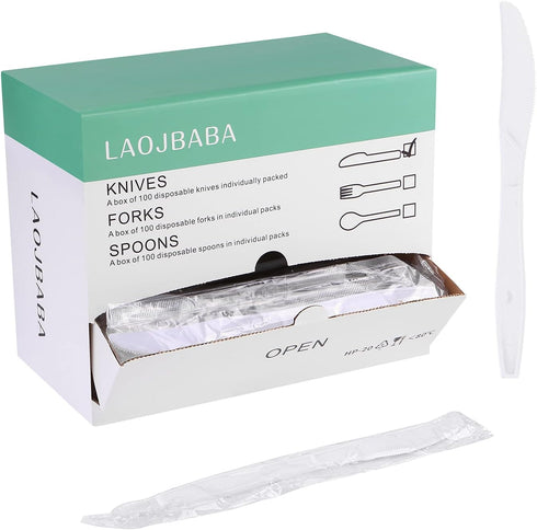 Plastic Knives Disposable, Individually Packaged White 7-Inch Commercial Take Away Knives, 100 PCS