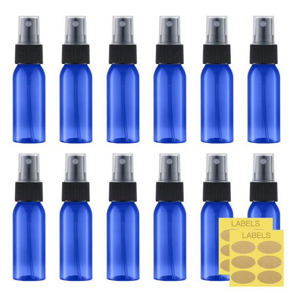 LISAPACK 1oz Small Plastic Blue Spray Bottle (12 Pack) - Empty Mini Fine Mist Travel Size Atomizer for Little Perfume,