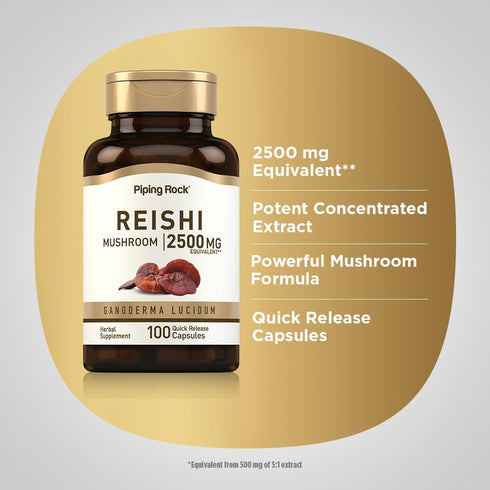 Piping Rock Reishi Mushroom Supplement | 2500mg | 100 Capsules | Standardized Herbal Extract with Ganoderma Lucidum