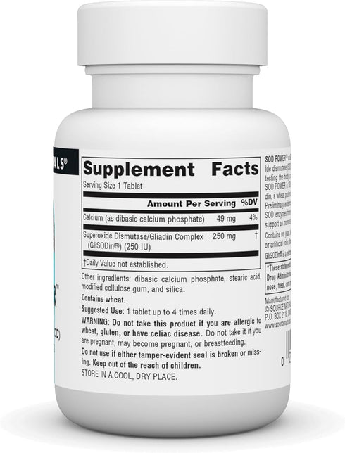 Source Naturals SOD Power As Glisodin, Superoxide Dismutase, Dietary Supplement, 250mg, 30 Tablets