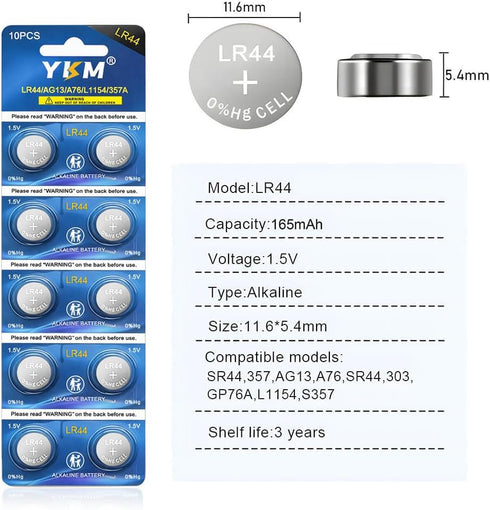 YKM 10 Pack LR44 AG13 L1154f A76 357/303 L1154 L1154c LR44h 1.5V Batteries Alkaline Batteries for Digital Caliper Watch