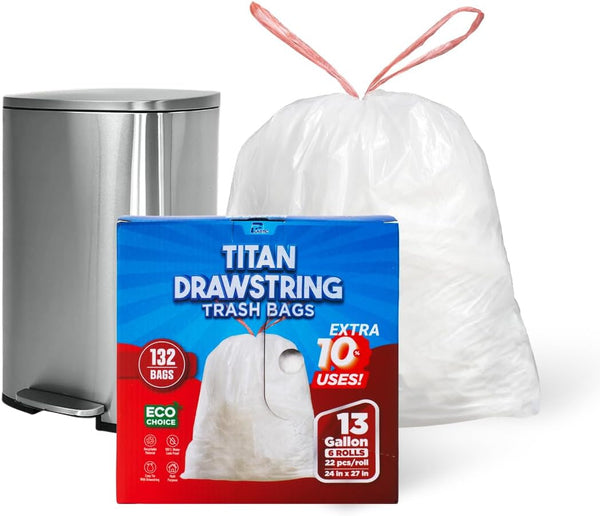 13 Gallon Drawstring Trash Bags, White Garbage Bags, Unscented, 132 Count, Strong Can Liners for Kitchen Home Office