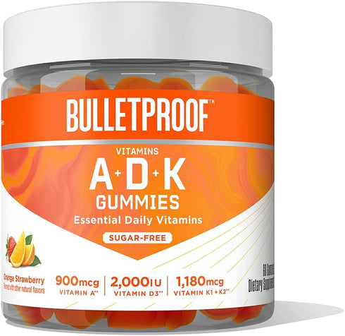 Bulletproof Sugar-Free Orange Strawberry Vitamins A+D+K Gummies - 60 Count, Keto Supplement for Heart & Immune Support