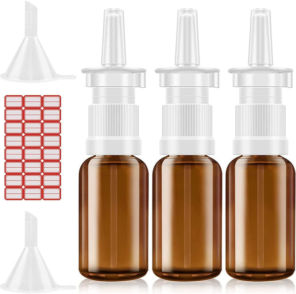 Nasal Spray Bottle, 3 Pcs 30ML Glass Amber Refillable Fine Mist Sprayers with Funnels and Labels
