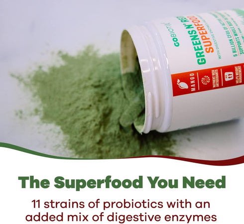 GOBIOTIX Super Greens and Reds Powder, Probiotic Supplement with Digestive Enzymes, Organic Whole Foods (Mango)