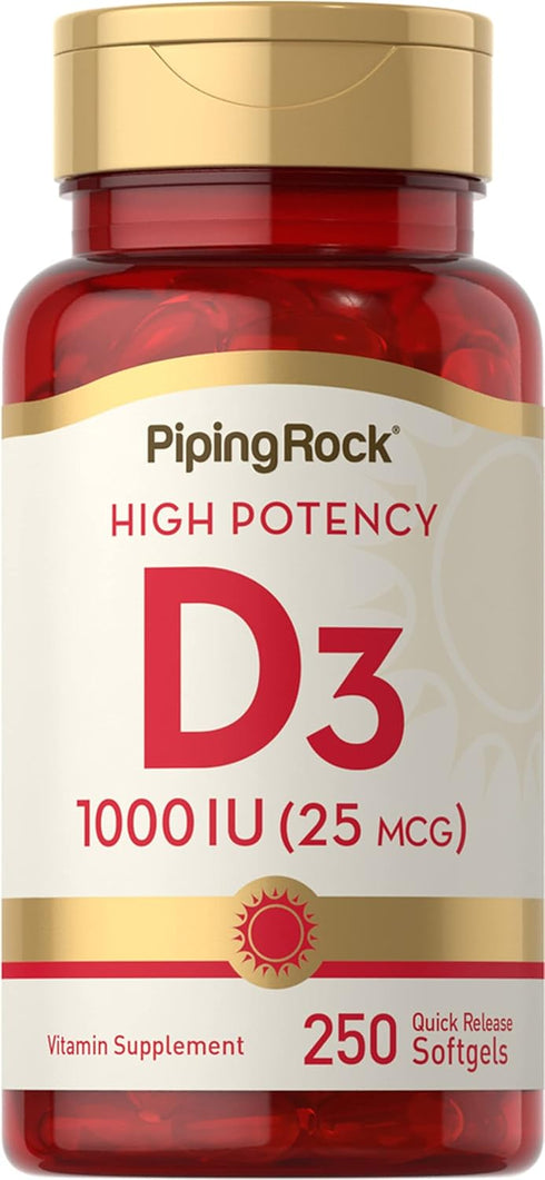 Piping Rock Vitamin D3 1000 IU, 250 Softgels, Non-GMO, Gluten Free Supplement